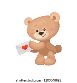 Cute brown teddy bear with pink cheeks and shiny eyes holding love mail with red heart. Flat vector for poster or greeting card