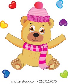 Cute brown teddy bear with pink hat,scarf and hearts of different colors.Cartoon style hand drawn vector illustration.