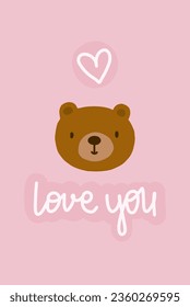 Oso de peluche marrón lindo con el corazón rosado te ama teteando afiche o diseño de tarjeta