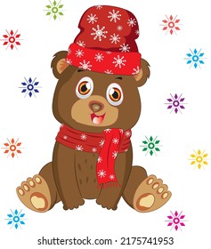 Cute brown teddy bear with red hat and scarf.Cartoon style hand drawn vector illustration.