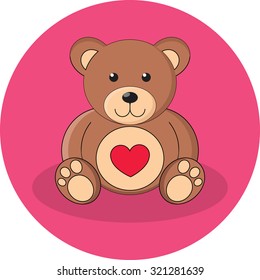 Cute brown teddy bear with red heart. Vector flat design