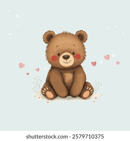 A cute brown teddy bear with rosy cheeks sits on a soft pastel background. Small pink hearts float around, adding a touch of sweetness.
