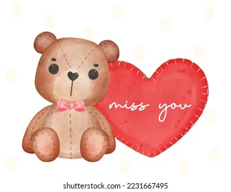 cute brown teddy bear sitting next to red heart miss you pillow, adorable cartoon watercolour hand drawn vector illustration 