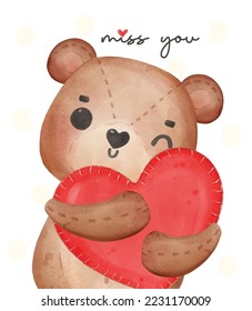 cute brown teddy bear squeezing hug red heart pillow, adorable cartoon watercolor hand drawn vector illustration 