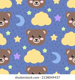 cute brown teddy bear toy head on a blue background in the sky with stars and clouds, scandinavian style pastel colors kids seamless pattern for baby boy and girl, nursery wallpapers good night print