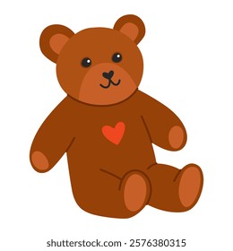 Cute brown teddy bear. Toy bear. Illustration for valentine's day card, white background.