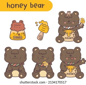 cute brown teddy bear wear scarf illustration enjoy eating honey in bottle.