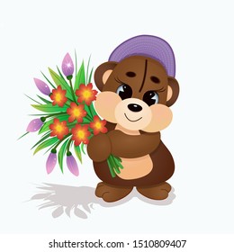 Cute brown Teddy bear wearing a baseball cap and holding a bouquet of flowers. Cartoon character. Funny kids toy.