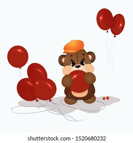 Cute brown Teddy bear wearing an orange baseball cap and holding a red balloons. Cartoon character. Funny kids toy.