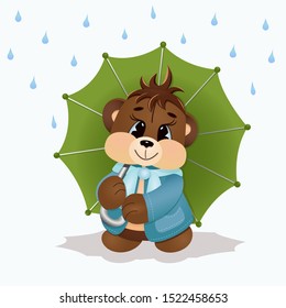 Cute brown Teddy bear wearing a denim jacket and silk blue scarf
 and holding a green umbrella. Cartoon character. Funny kids toy.