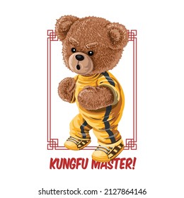 Cute brown teddy bear wearing an iconic yellow tracksuit in a martial arts fighting pose. Features a red oriental frame and Kung Fu Master typography. Perfect for streetwear t-shirt print design.
