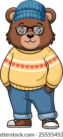 Cute Brown Teddy Bear In Yellow Sweater, Blue Jeans And Sunglasses Vector Art