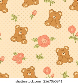 Cute brown teddy bears in kawaii style with hand drawn roses flowers on a polka dot beige background, seamless pattern design.