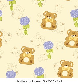 Cute brown teddy bears in kawaii style with hand drawn purple flowers on a pastel beige yellow background, seamless pattern design.