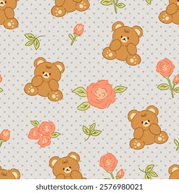 Cute brown teddy bears in kawaii style with hand drawn roses flowers on a polka dot neutral grey background, seamless pattern design.