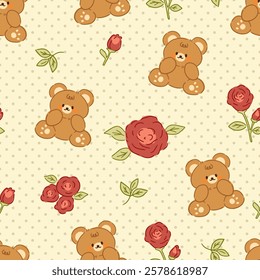 Cute brown teddy bears in kawaii style with hand drawn roses flowers on a polka dot neutral beige background, seamless pattern design.