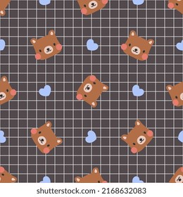 osos de peluche marrón lindos sobre una rejilla negra sin costuras fondo de patrón con corazones azules, animales kawaii envolviendo papel impreso