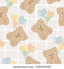 Cute brown teddy bears on a freehand kawaii plaid texture background with colorful balloons, kids seamless pattern background for boy and girl. Wrapping paper design, fabric and textile print