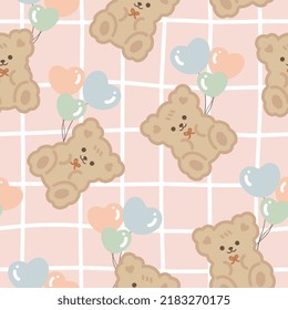 Osos de peluche marrón en un fondo rosa de textura de mango libre kawaii chapado con globos coloridos, niños de fondo de patrón sin costura para niños y niñas. Diseño de papel de envolvimiento, tela e impresión textil