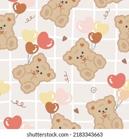 Cute brown teddy bears on a freehand kawaii plaid texture background with colorful balloons, kids seamless pattern background for boy and girl. Wrapping paper design, fabric and textile print