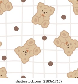 Cute brown teddy bears on a freehand kawaii plaid with beige texture background, kids seamless pattern background for boy and girl. Wrapping paper childish design, fabric and textile vector print