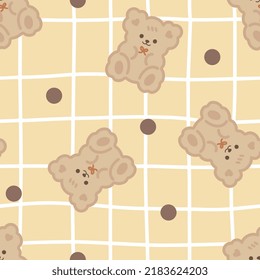 Cute brown teddy bears on a freehand kawaii plaid with yellow texture background, kids seamless pattern background for boy and girl. Wrapping paper childish design, fabric and textile vector print