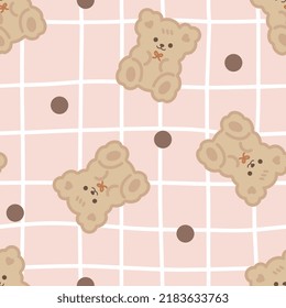 Cute brown teddy bears on a freehand kawaii plaid with pink texture background, kids seamless pattern background for boy and girl. Wrapping paper childish design, fabric and textile vector print