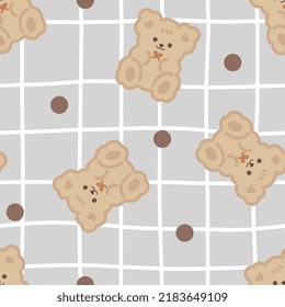 Osos de peluche marrón en una manga kawaii de mano libre con fondo de textura gris, fondo de patrón sin costura para niños y niñas. Papel de envolvimiento diseño infantil, tejido e impresión vectorial textil