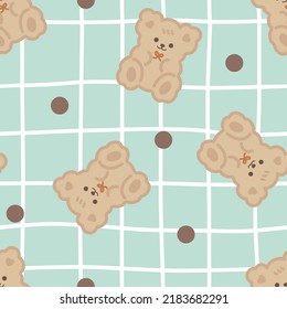 Frisch braune Teddybären auf einem freehand kawaii geplaid mit minzgrünem Hintergrund, Kindern nahtloser Muster-Hintergrund für Junge und Mädchen. Wickelpapier, kinetisches Design, Stoff und Stoffvektor-Druck