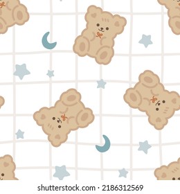 Cute brown teddy bears on a freehand kawaii plaid with beige texture and blue sky, kids seamless pattern background for boy and girl. Wrapping paper childish design, fabric and textile vector print