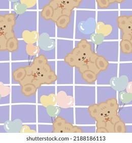 Cute brown teddy bears on a freehand purple kawaii plaid texture background with colorful balloons, kids seamless pattern background for boy and girl. Wrapping paper design, fabric and textile print