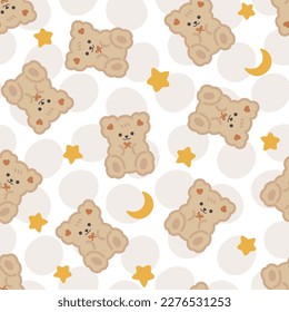 Cute brown teddy bears on a hand drawn beige dots texture background with orange stars and moon, kids seamless pattern background for boy and girl. Wrapping paper design, fabric and textile print