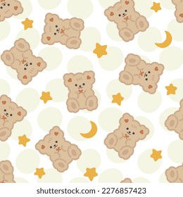 Los osos de peluche marrón sobre un fondo de textura de puntos amarillos dibujados a mano con estrellas y luna naranjas, fondo de patrón impecable para niños y niñas. Diseño de papel de envolvimiento, tela e impresión textil