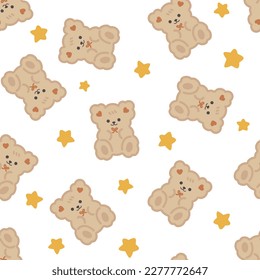 Los osos de peluche marrón sobre un fondo blanco con estrellas anaranjadas, los niños con un fondo de patrón impecable para niños y niñas. Diseño de papel de envolvimiento, tela e impresión textil