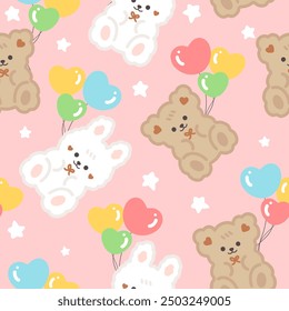 Cute brown teddy bears with white rabbits pink background with colorful balloons and stars, kids seamless pattern background for girl. Wrapping paper design, fabric and textile print