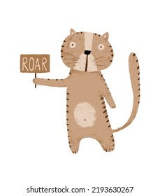 Cute Brown Tiger Holding Plate with Handwritten Roar. Lovely Baby Tiger on a White Background. Cool Infantile Style Vector Print with Wild Cat ideal for Wall Art, Poster, Card.Safari Party Decoration.