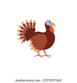 Cute brown turkey poultry flat style, vector illustration isolated on white background. Decorative design element, domestic bird, funny animal character