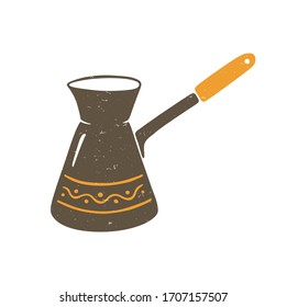 Cute brown Turkish coffee maker with orange tracery isolated on a transparent background. Cezve. Vector shabby hand drawn illustration