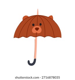 Guarda-chuva marrom bonito apresentando um rosto de urso alegre com orelhas pequenas, oferecendo proteção divertida da chuva e mau tempo com seu design plano encantador e caprichoso, ideal para conceitos de crianças