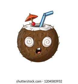 Cute brown unconscious coconut with a straw and a cocktail umbrella, cartoon style, vector illustration isolated on white background