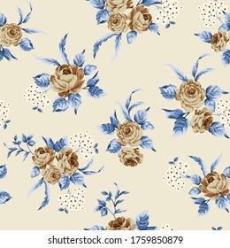 cute brown vector flowers with blue leaves pattern on background
