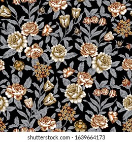 cute brown vector flowers with leaves pattern on black background