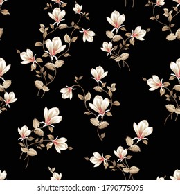 Cute Brown Vector Flowers With Leaves Pattern On Black Background