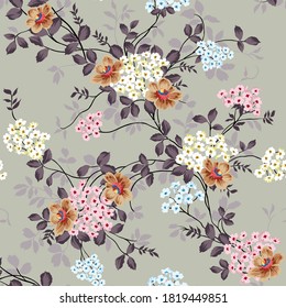 cute brown vector small flowers with leaves pattern on cream background