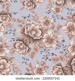 cute brown vector stock flowers with leaves bunches pattern on grey background