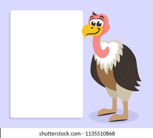 Cute brown vulture with white banner or board. Template for your text. Cartoon  character on violet background. Place your text on blank sheet. Flat style. Colorful vector illustration for kids.