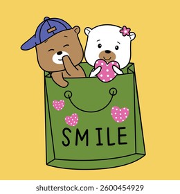 Cute brown and white bears inside a green bag with smile message on yellow background. Adorable cartoon concept

