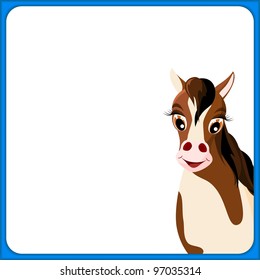 cute brown and white horse in empty frame with blue border and white background - illustration