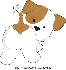 A cute brown and white puppy with a view from behind, as the puppy looks back towards the viewer. Cute Puppy Rear View