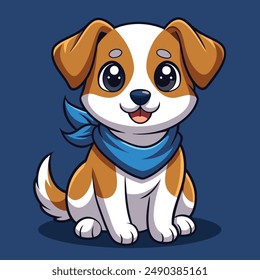 Cute brown and white puppy wearing a blue scarf